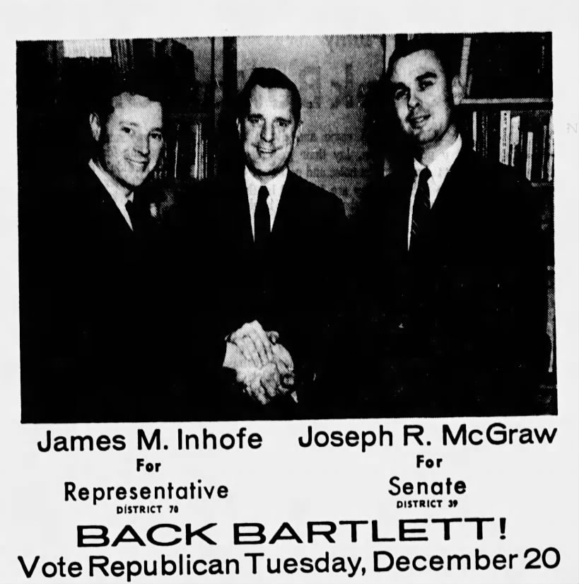 Jim Inhofe and Joe McGraw campaign ad, featuring Gov.-elect Dewey Bartlett, from the December 18, 1966, Tulsa World